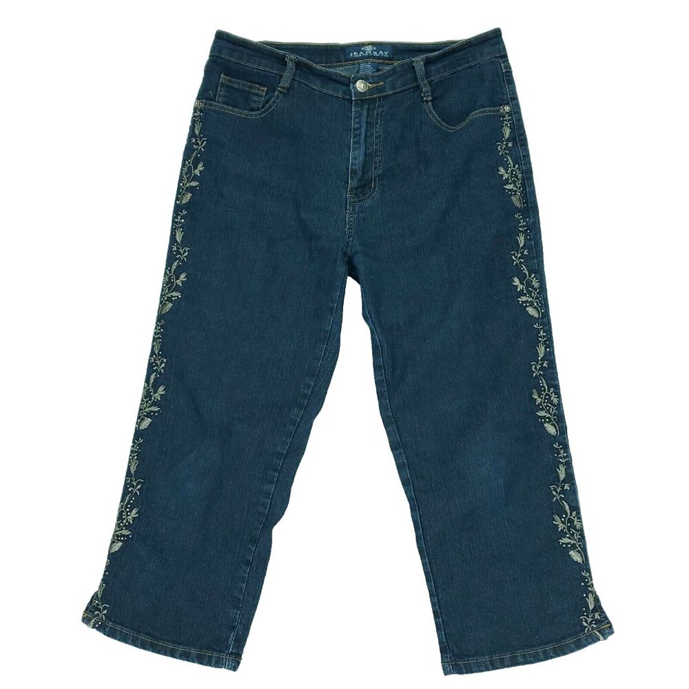 Jeanbay Jeans Womens 8 Blue Dark Wash Rhinestones Embroidered Leg Pockets Capri